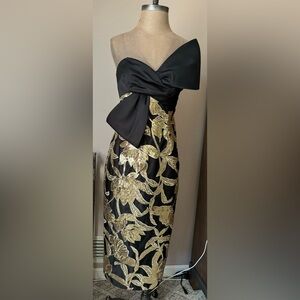 Marchesa Black and Gold Strapless Dress